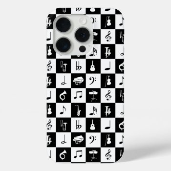 Stylish Music Notes And Instruments Black White Iphone 15 Pro Case by giftsbonanza at Zazzle