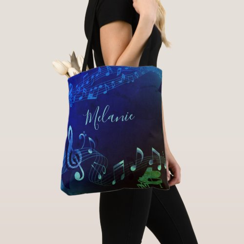 Stylish Music Notes Blue Teal Personalized Tote Bag