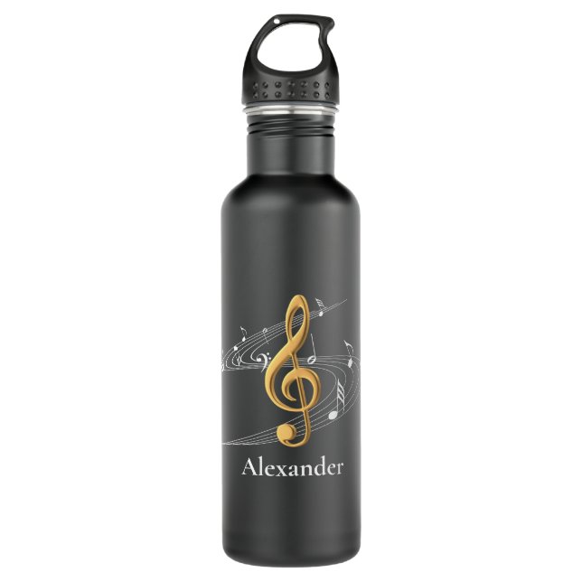 Stylish Music Notes Gold Treble Clef  Stainless Steel Water Bottle (Front)