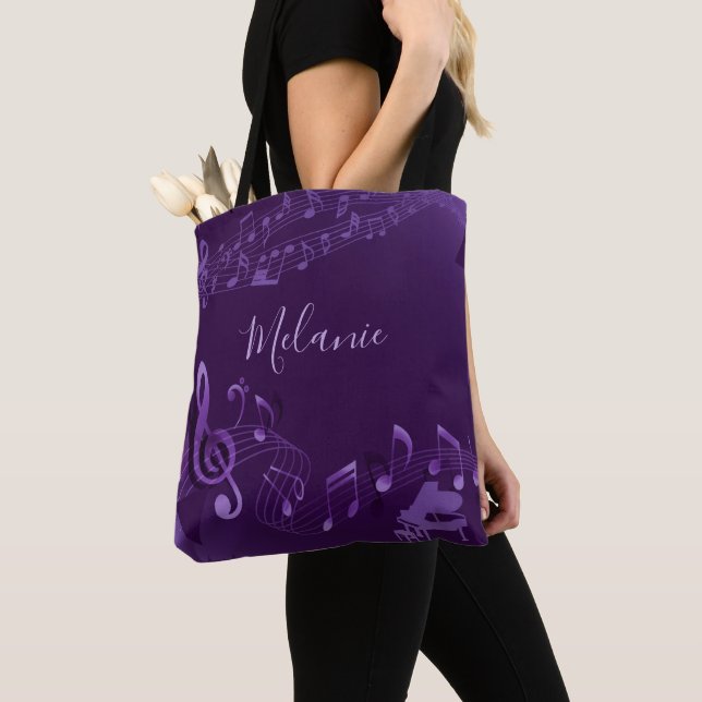 Stylish Music Notes Purple Personalized Tote Bag (Close Up)