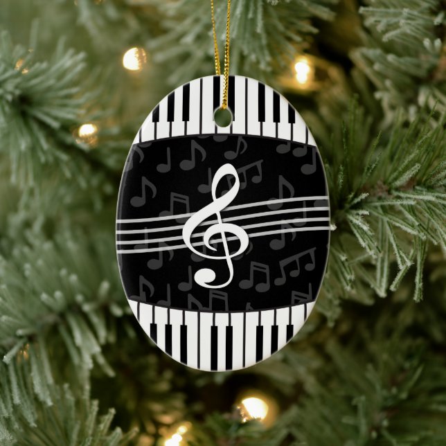Stylish Music Notes Treble Clef and Piano Keys Ceramic Ornament (Tree)