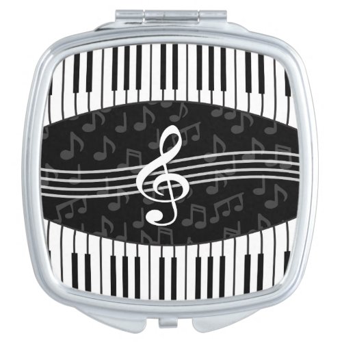 Stylish Music Notes Treble Clef and Piano Keys Compact Mirror