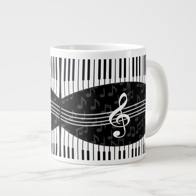 Stylish Music Notes Treble Clef and Piano Keys Large Coffee Mug (Front Right)