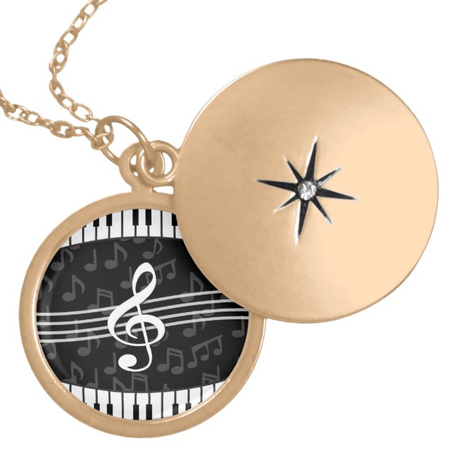 Stylish Music Notes Treble Clef and Piano Keys Locket Necklace (Front)