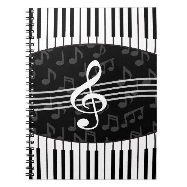 Stylish Music Notes Treble Clef and Piano Keys Notebook (Front)
