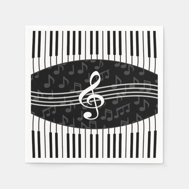 Stylish Music Notes Treble Clef and Piano Keys Paper Napkins (Front)