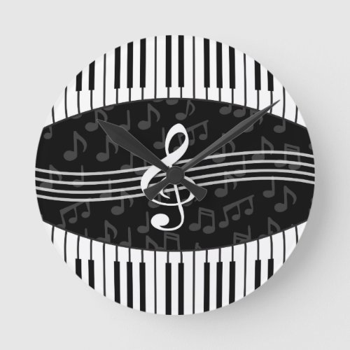 Stylish Music Notes Treble Clef and Piano Keys Round Clock