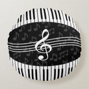 Stylish Music Notes Treble Clef and Piano Keys Round Pillow