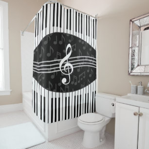 Stylish Music Notes Treble Clef and Piano Keys Shower Curtain