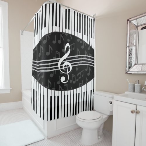 Stylish Music Notes Treble Clef and Piano Keys Shower Curtain
