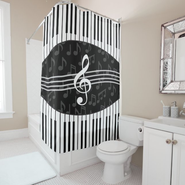 Stylish Music Notes Treble Clef and Piano Keys Shower Curtain (In Situ)