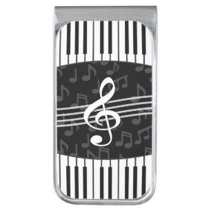 Stylish Music Notes Treble Clef and Piano Keys Silver Finish Money Clip