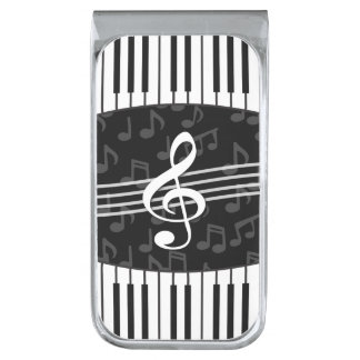 Stylish Music Notes Treble Clef and Piano Keys Silver Finish Money Clip