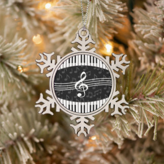 Stylish Music Notes Treble Clef and Piano Keys Snowflake Pewter Christmas Ornament