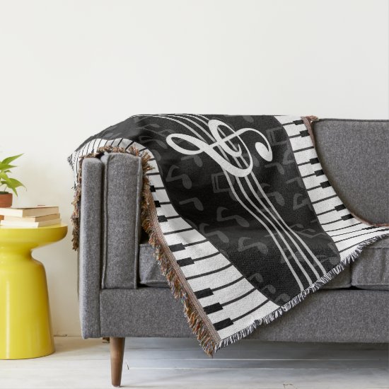 Stylish Music Notes Treble Clef and Piano Keys Throw Blanket
