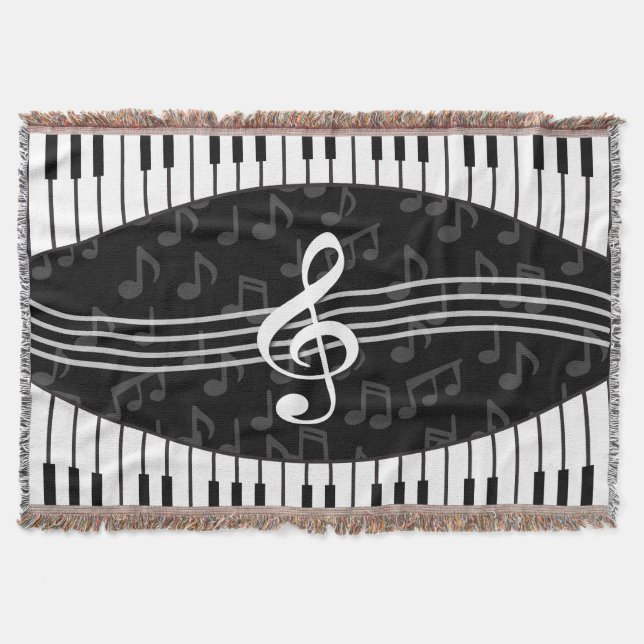 Stylish Music Notes Treble Clef and Piano Keys Throw Blanket (Front)