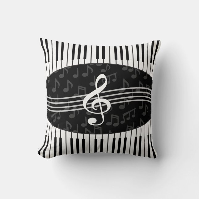 Stylish Music Notes Treble Clef and Piano Keys Throw Pillow (Front)