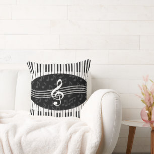 Stylish Music Notes Treble Clef and Piano Keys Throw Pillow
