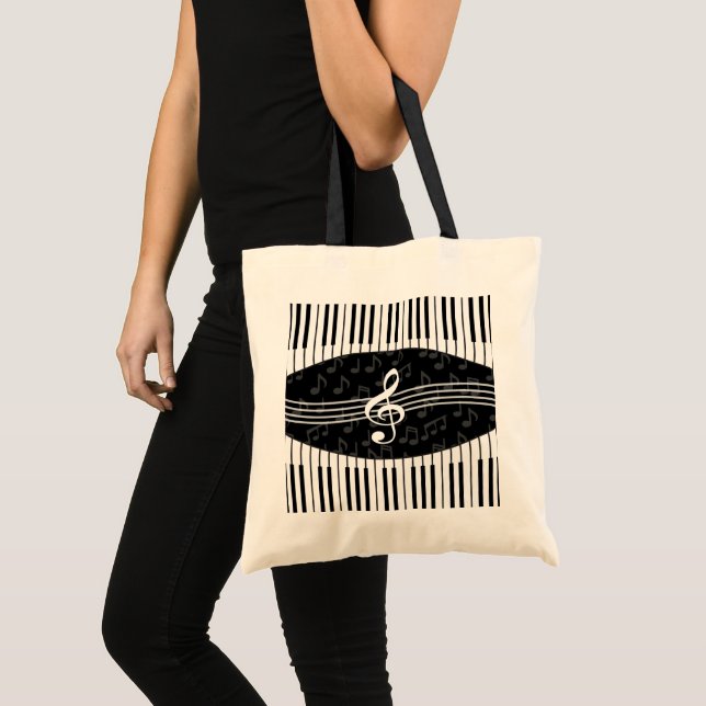 Stylish Music Notes Treble Clef and Piano Keys Tote Bag (Front (Product))