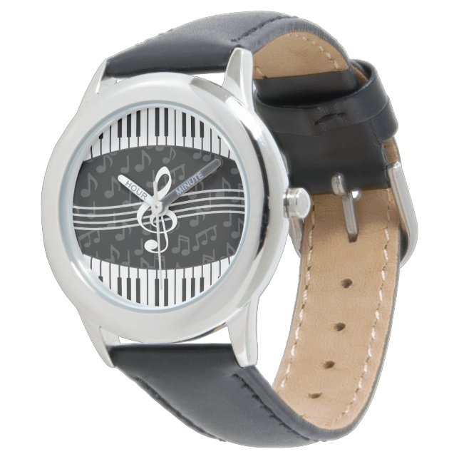 Stylish Music Notes Treble Clef and Piano Keys Watch (Angled)