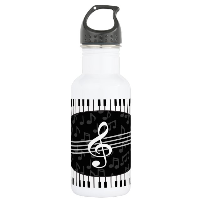 Stylish Music Notes Treble Clef and Piano Keys Water Bottle (Front)