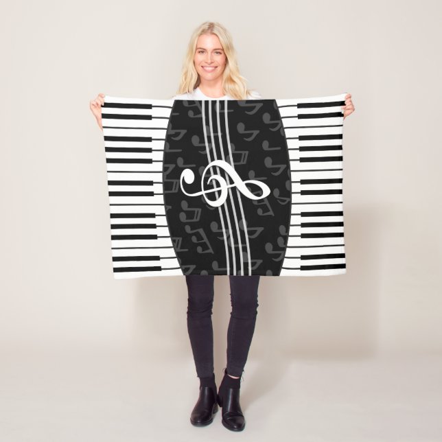 Stylish musical note clef and piano keys fleece blanket (In Situ)