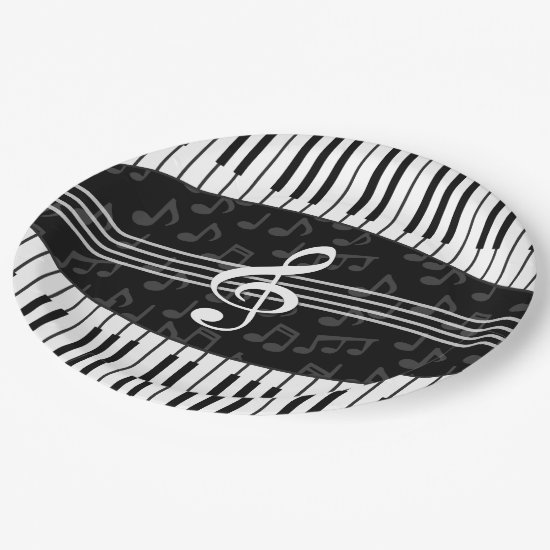 Stylish musical note clef and piano keys paper plate