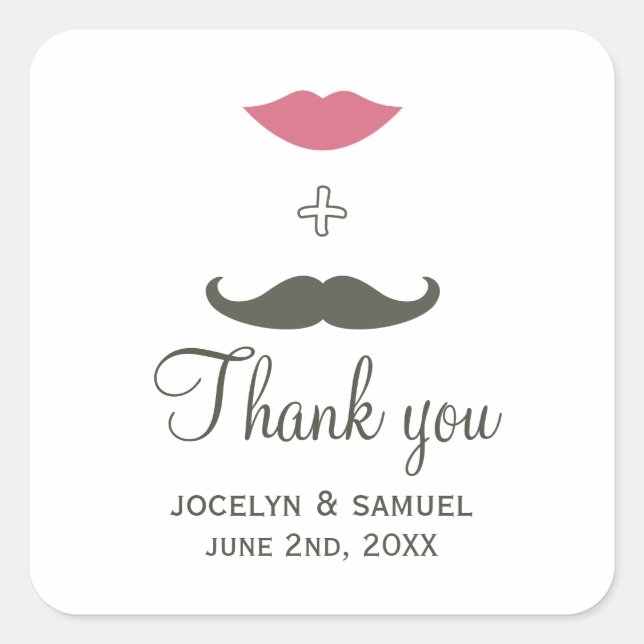 Stylish Mustache and Lips Wedding Favor Square Sticker (Front)
