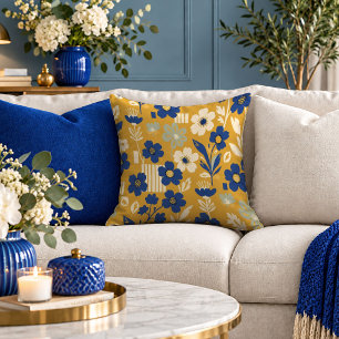 Stylish Mustard and Blue Abstract Floral Accent Pa Throw Pillow