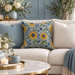 Stylish Mustard Blue Floral Accent Throw Pillow