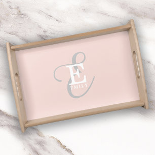 Stylish Name and Monogram Blush Pink Serving Tray