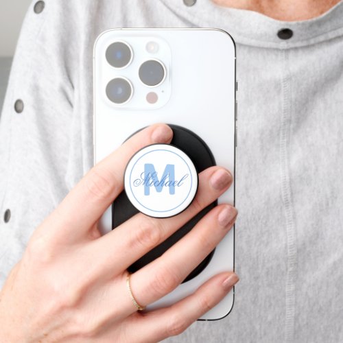 Stylish Name and Monogram Medallion Cerulean Blue PopSocket