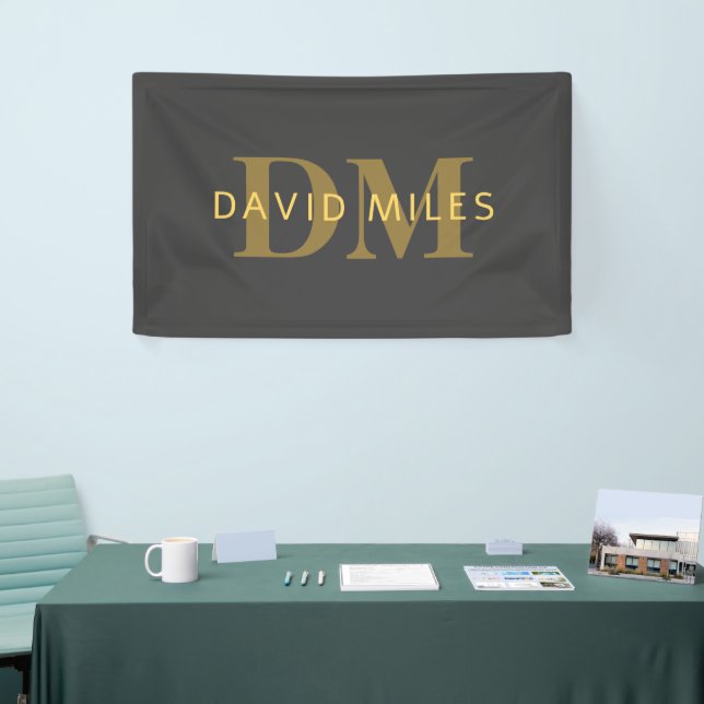 Stylish Name & Monogram | Gold & Dark Gray Banner (Tradeshow)
