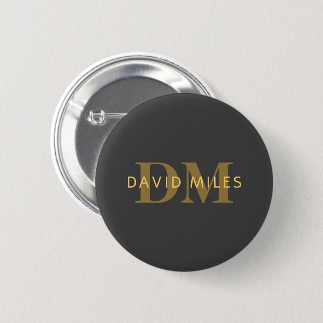 Stylish Name & Monogram | Gold & Dark Gray Button (Front & Back)
