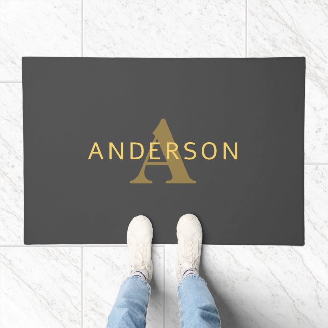 Stylish Name & Monogram | Gold & Dark Gray Doormat (Indoor)
