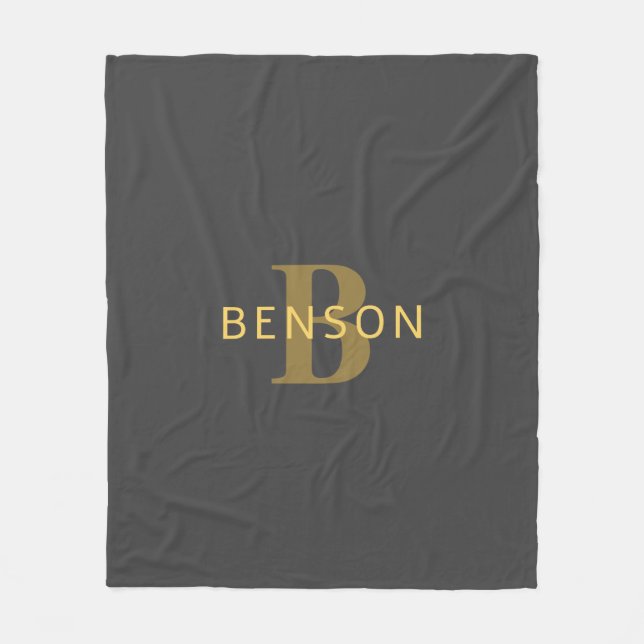 Stylish Name & Monogram | Gold & Dark Gray Fleece Blanket (Front)