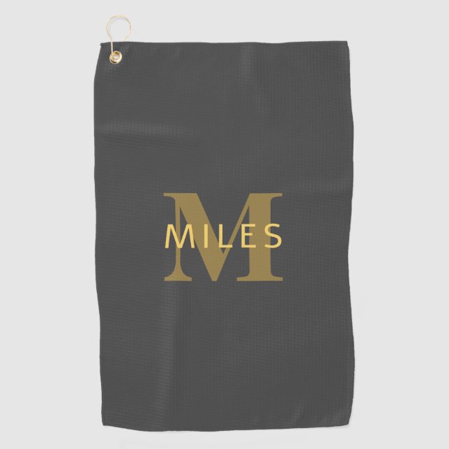 Stylish Name & Monogram | Gold & Dark Gray Golf Towel (Front)