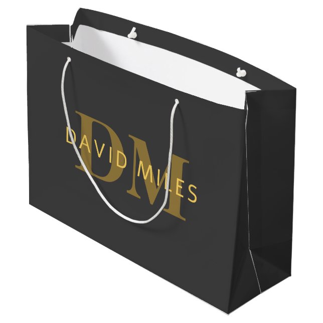 Stylish Name & Monogram | Gold & Dark Gray Large Gift Bag (Back Angled)