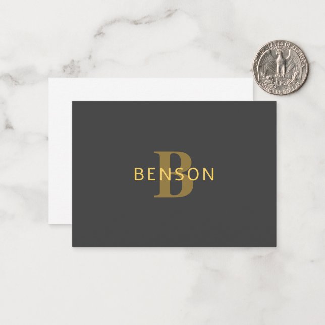 Stylish Name & Monogram | Gold & Dark Gray Note Card (Front/Back In Situ)