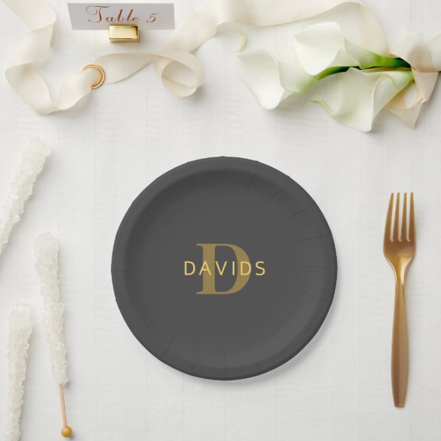 Stylish Name & Monogram | Gold & Dark Gray Paper Plates (Wedding)