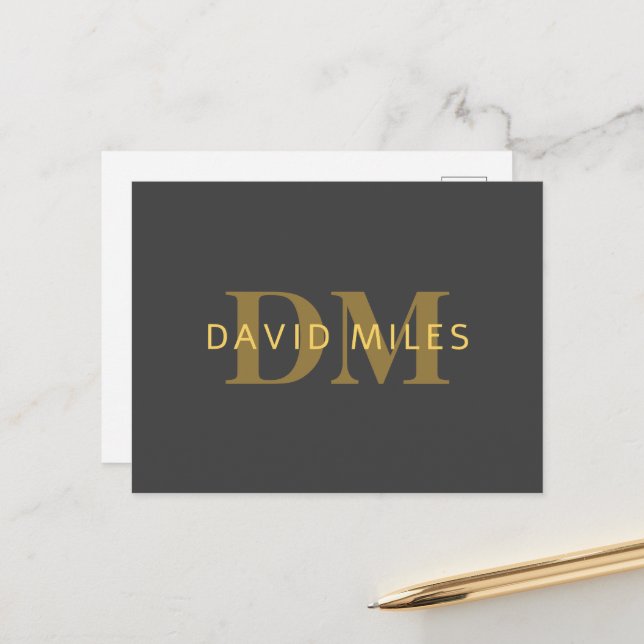 Stylish Name & Monogram | Gold & Dark Gray Postcard (Front/Back In Situ)