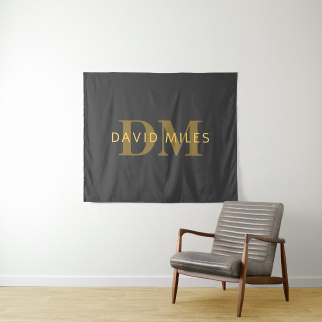 Stylish Name & Monogram | Gold & Dark Gray Tapestry (In Situ (Horizontal))