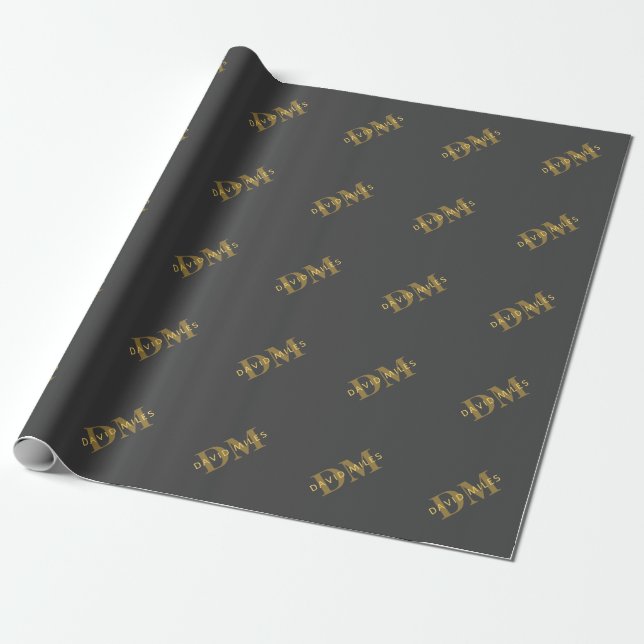 Stylish Name & Monogram | Gold & Dark Gray Wrapping Paper (Unrolled)