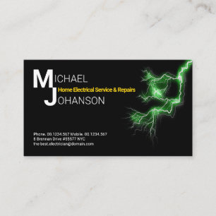 Stylish Name Monogram Green Electrical Lightning Business Card