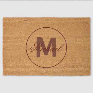 Stylish Name on Monogram Autumn Burgundy Fiber Doormat