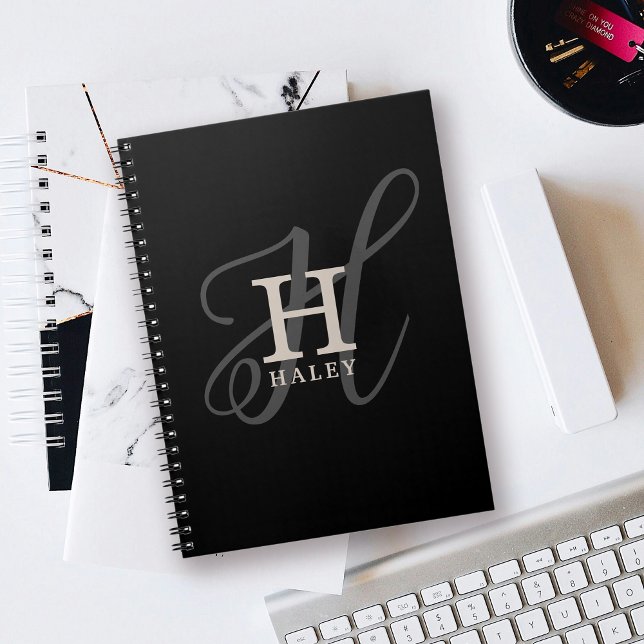 Stylish Name with Calligraphy Monogram Black Notebook (Personalize this notebook with your name and monogram initial.)