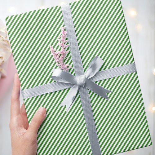 Stylish Narrow Diagonal Striped Green White Wrapping Paper