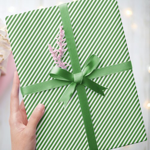 Stylish Narrow Diagonal Striped Green White Wrapping Paper