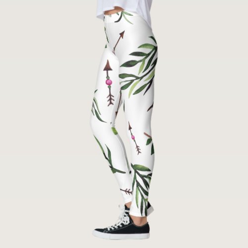 Stylish Natures Elegance Pink  Green Leaves Arrow Leggings