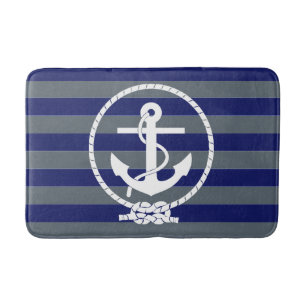 Stylish Nautical Anchor and Blue Stripe Pattern Bath Mat